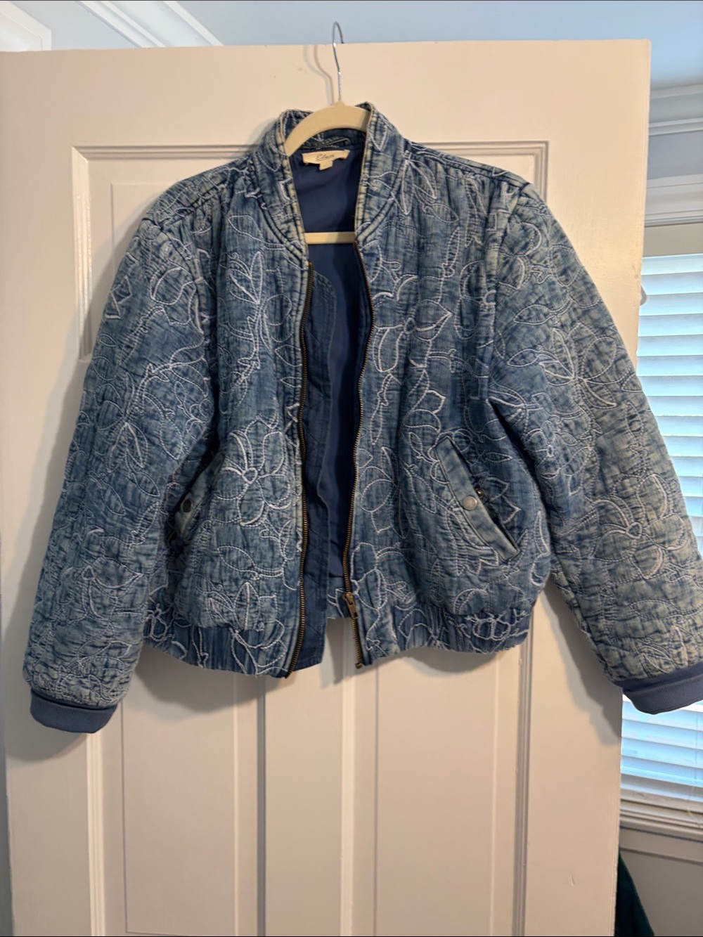Elan Blue Quilted Floral Denim Bomber Jacket